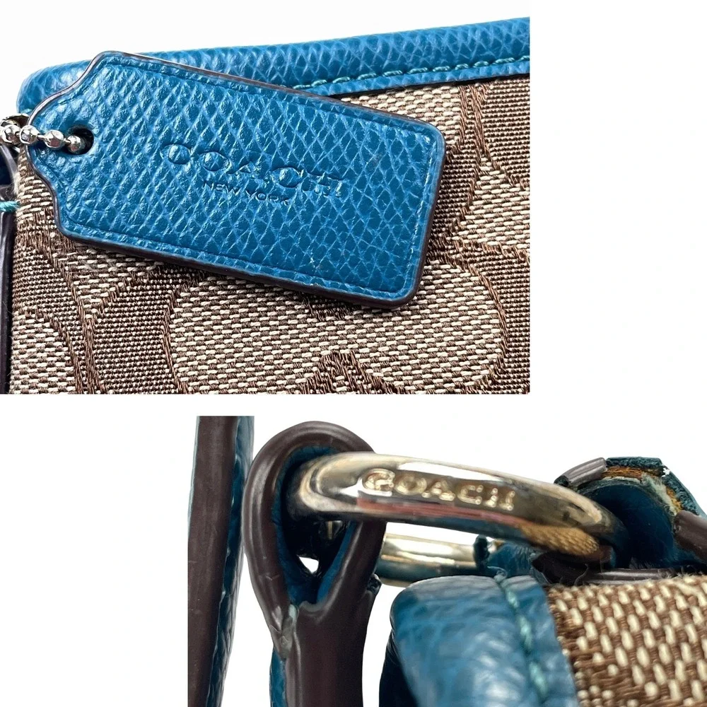 Coach Women Signature Monogram Crossbody Bag Purse Brown Teal Leather Trim *Flaw